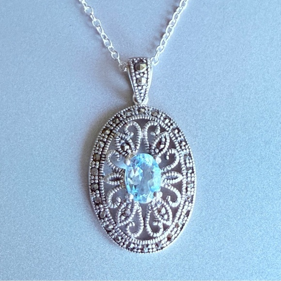 Natural Blue Topaz & Marcasite Oval Sterling Silver Pendant Necklace JC …